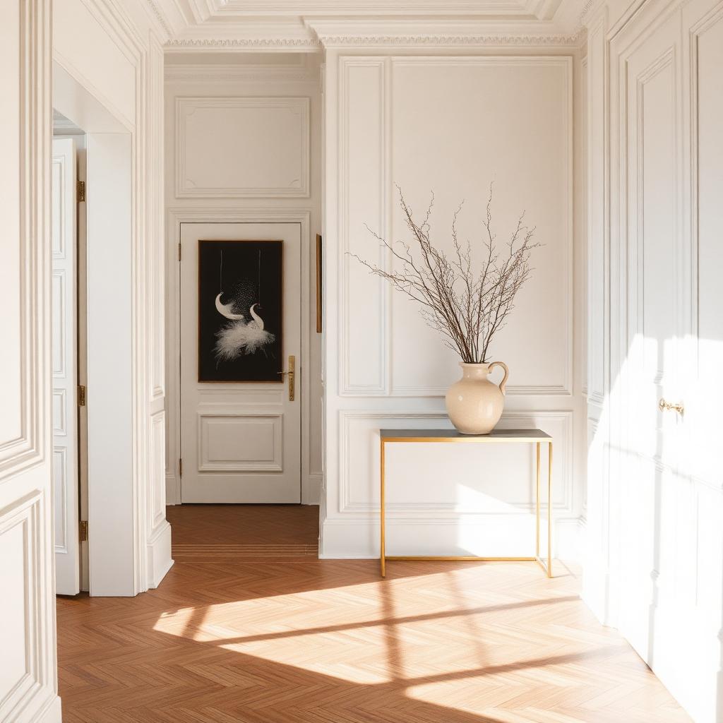 Entrée parisienne avec parquet point de Hongrie et console