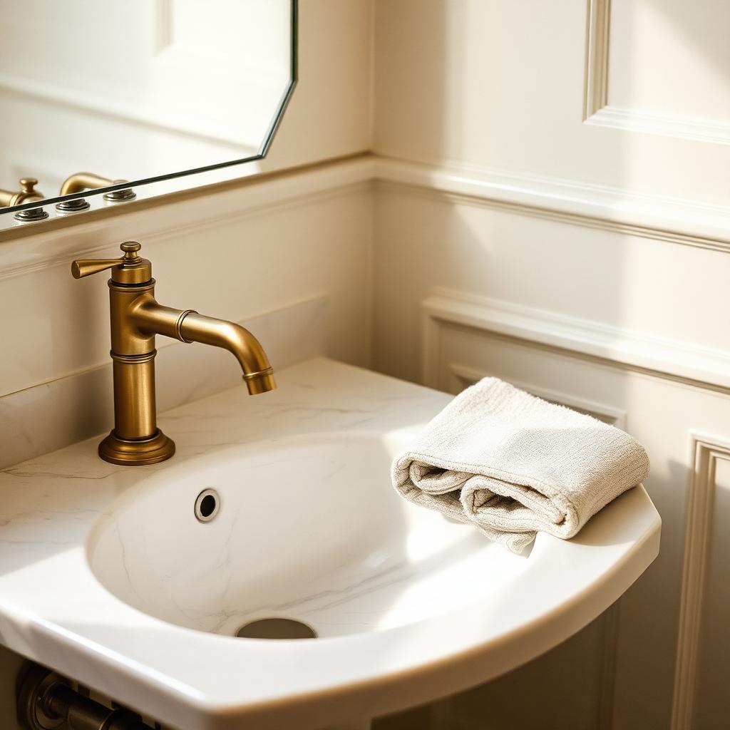 Détail de salle de bain : vasque en marbre et robinetterie laiton