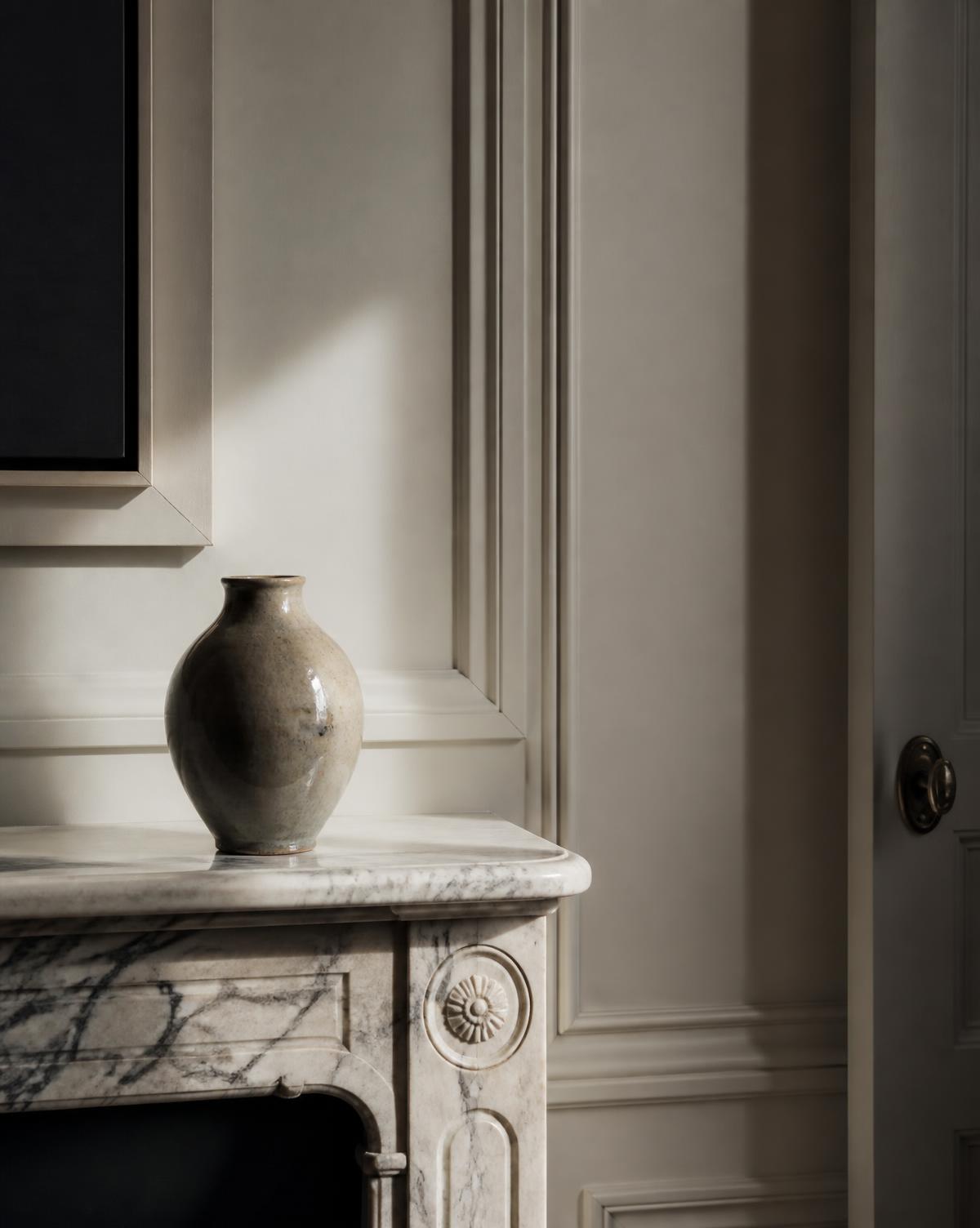 Détail d'une cheminée en marbre avec vase en céramique et boiseries